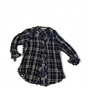 Fig & Flower Navy‎ & Olive Blouse with Floral Details Sz Petite Large